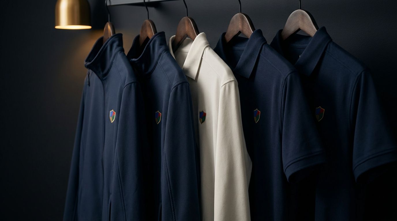 A precise row of corporate polos and soft shell jackets in one navy colourway
