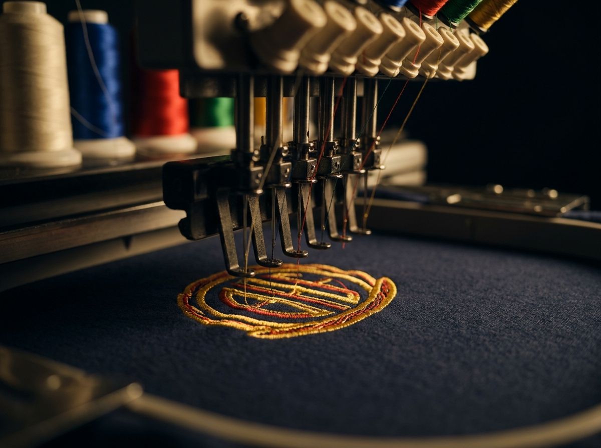 A club crest being embroidered in gold and scarlet thread
