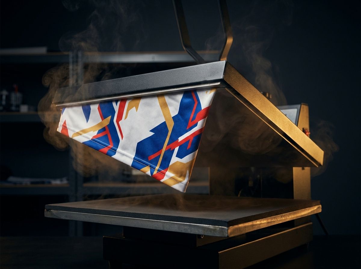 A sublimated kit panel lifting off the heat press